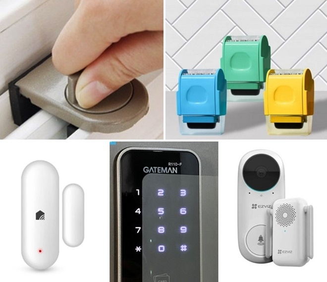 보안UP·안전UP 홈세트 (사진위부터 시계방향)창문잠금장치/보안스탬프/스마트초인종/지문방지필름/문열림센서.(사진제공=부산경찰청)