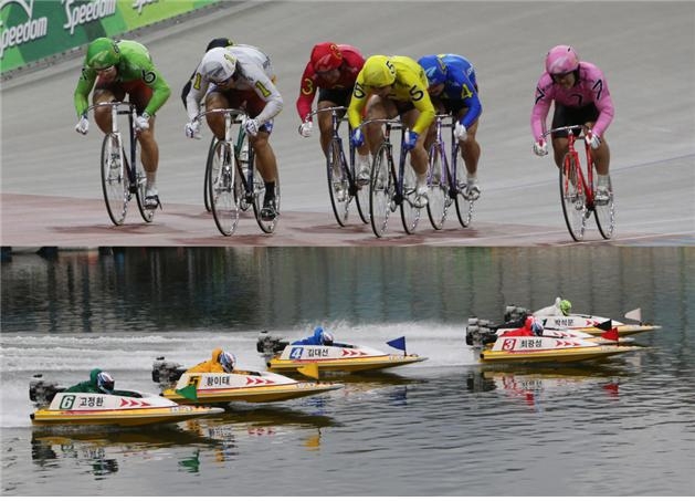 광명스피돔에서 열리는 경륜 경주(위 사진)와 하남 미사리 경정장에서 열리는 경정 경주의 한 장면. (사진=국민체육진흥공단)