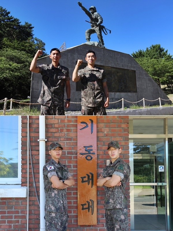 53사단 기동대대 김희망 병장(우측)과 권준성 상병이 국민의 생명을 구하는 ‘또 하나의 지역방위’임무에 최선을 다하겠다는 다짐의 의미로 파이팅을 외치고 있다.(사진제공=기동대대 안성현 소위)