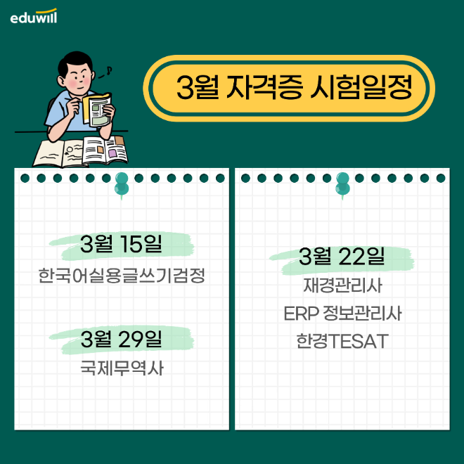 에듀윌, 3월 자격증 시험 일정 공개…"맞춤형 단기 합격 전략 지원"