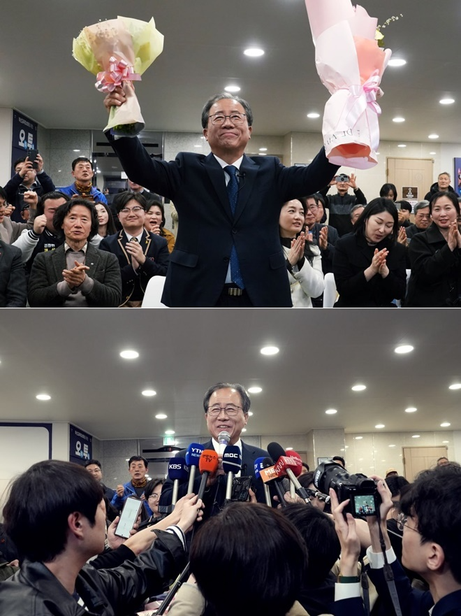 (위)지지자 환호에 화답하는 김석준 교육감 당선인/(아래)당선소감을 말하고 있는 김석준 교육감 당선인.(제공=김석준 캠프)