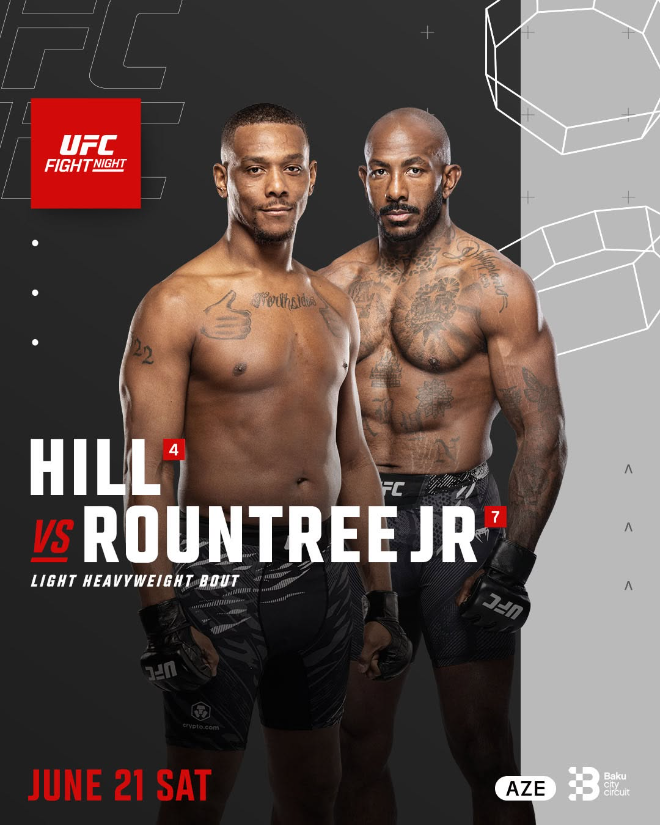 전 UFC 라이트헤비급 챔피언 자마할 힐과 전 타이틀 도전자 칼릴 라운트리 주니어 대진 포스터. (사진=한국 미디어 커뮤니케이션)