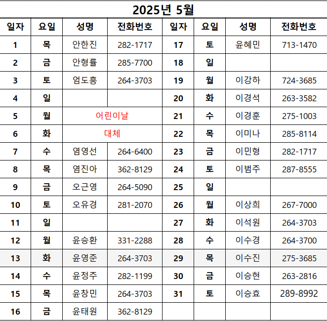 5월 당직변호사 명단.(제공=경남지방변호사회)