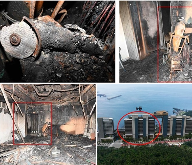 그라인드와 아르곤 용접기/화재 공사현장/배관절단 및 용접작업한 PIT실 입구(지상 1층).(제공=부산경찰청)