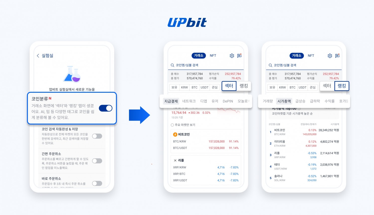 업비트, ‘코인 분류’ 기능 신규 도입