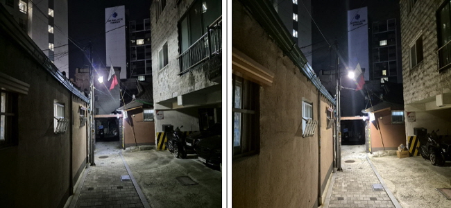 지난해 숭인2동 스마트보안등 설치 전(左)·후(右) 모습
