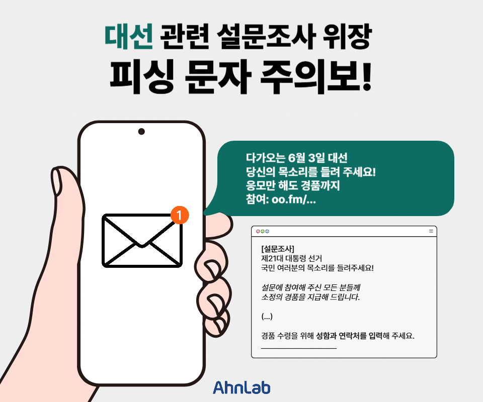 안랩, 대선 설문조사로 위장한 피싱 문자 주의 당부