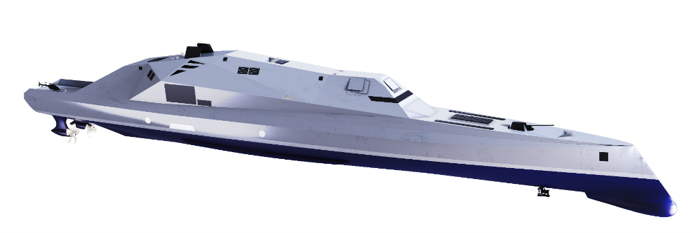 전기추진체계, 통합마스트, 첨단함형, 통합네트워크, 스마트 함교, 병력절감 스마트함정 등의 미래 기술이 적용된 미래형 구축함 조감도.(사진=한화오션)