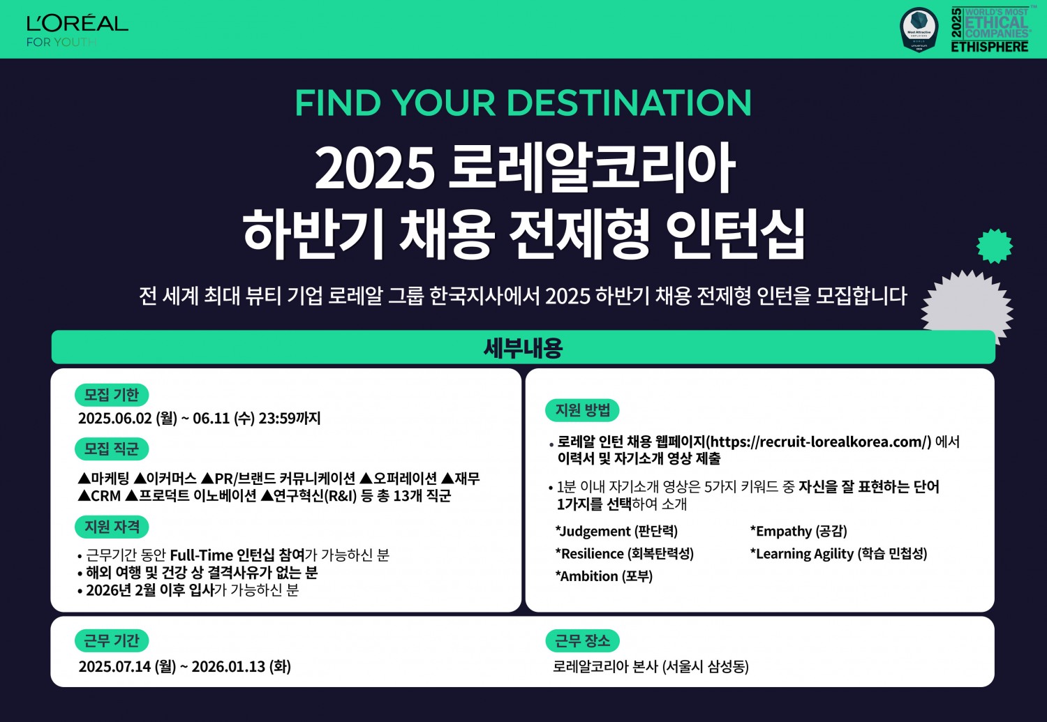 로레알코리아, ‘하반기 채용 전환형 인턴’ 모집