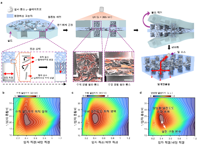 마이크로 몰딩 기반 질화붕소 μ-플레이트릿의 양극화 유도 및 시뮬레이션 분석을 통한 열전도도 최적 영역 계산. 사진=한국연구재단
