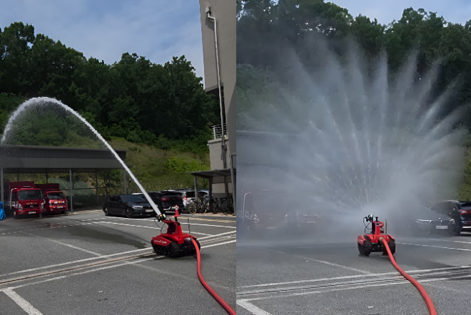 유진그룹 '티엑스알로보틱스', 세종남부소방서서 화재진압로봇 주수 시연 실시