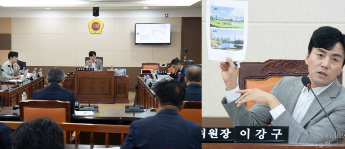 이강구 위원장이 “송도 국제업무지구는 인천의 산업미래를 좌우할 수 있는 핵심지구”라고 강조하고 있다.