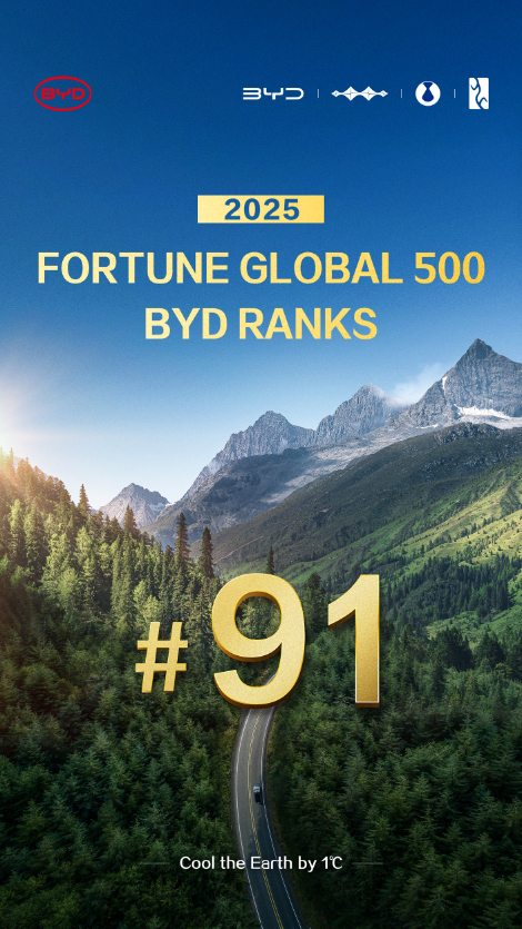 BYD, 2025년 포춘 글로벌 500서 91위 기록..."글로벌 톱 100 기업으로 도약"