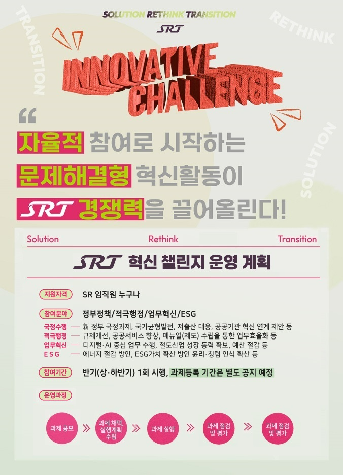에스알, 국정과제 실천 ‘SRT 혁신챌린지’ 운영