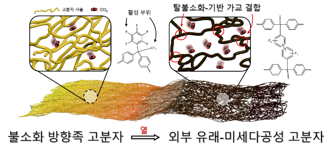 불소화 방향족 고분자의 탈불소화 및 가교 메커니즘 모식도. 사진=한국연구재단