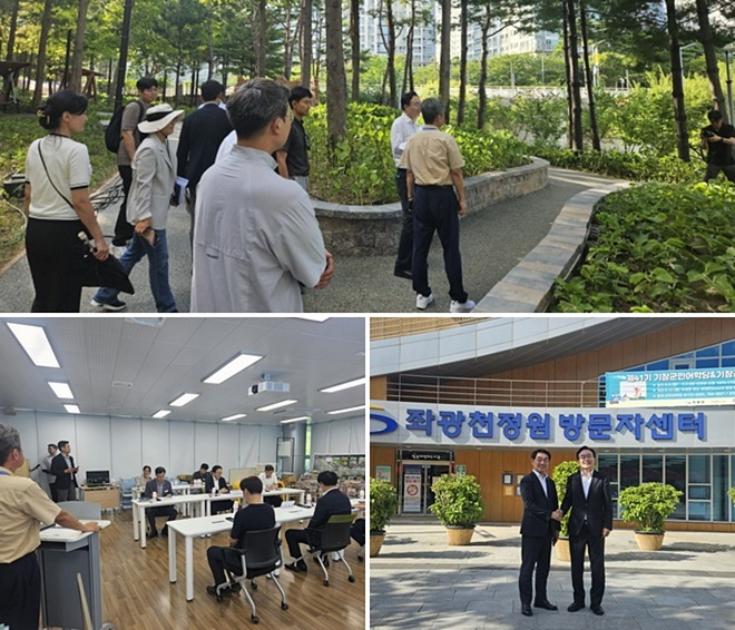 (사진위부터 시계방향)윤병태 나주시장과 나주시 관계자들이 좌광천 지방정원 사례에 대한 설명을 듣고 있다./좌광천 지방정원에서 윤병태 나주시장(우측)과 이동성 기장군부군수(좌측)가 기념촬영을 하고 있다./윤병태 나주시장과 나주시 관계자들이 좌광천 지방정원 사례에 대한 설명을 듣고 있다.(사진제공=부산 기장군)