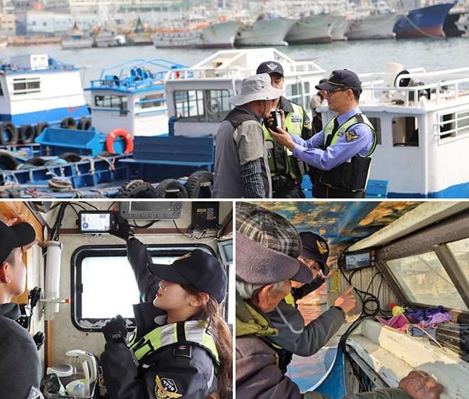 (사진위부터 시계방향)음주측정기를 이용해 음주 측정중이다./어업인 대상 장비사용법 교육./외국인선원 대상 SOS버튼 누르기 교육.(제공=부산해경)