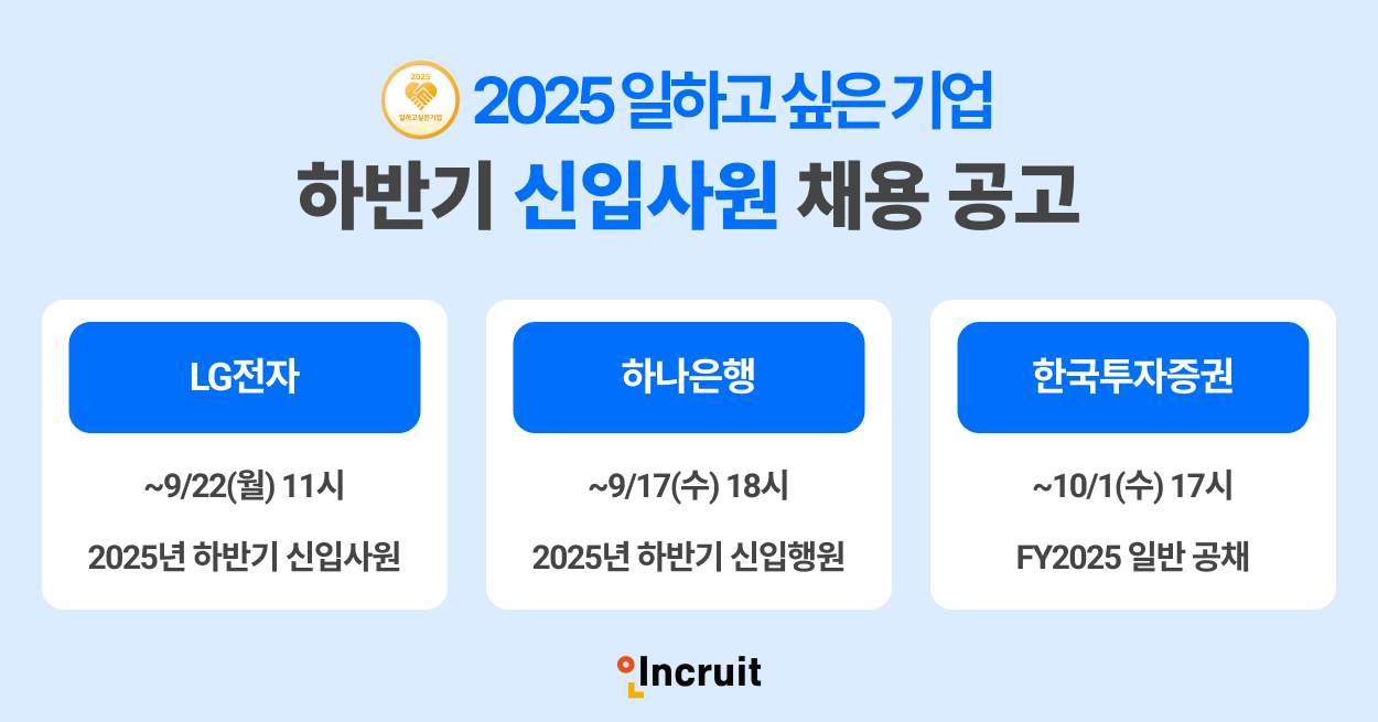 인크루트, ’LG전자’·‘하나은행’·’한국투자증권’ 하반기 신입 채용 공고 소개