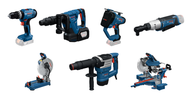시계방향으로 GSB 18V-25, GSH 18V-5, GGC 18V-12, GRC 10.8V-60 1 2 solo, GCD 18V-355 solo, GSH 5 HX, GCM 340-305 D.(사진= 보쉬 전동공구)