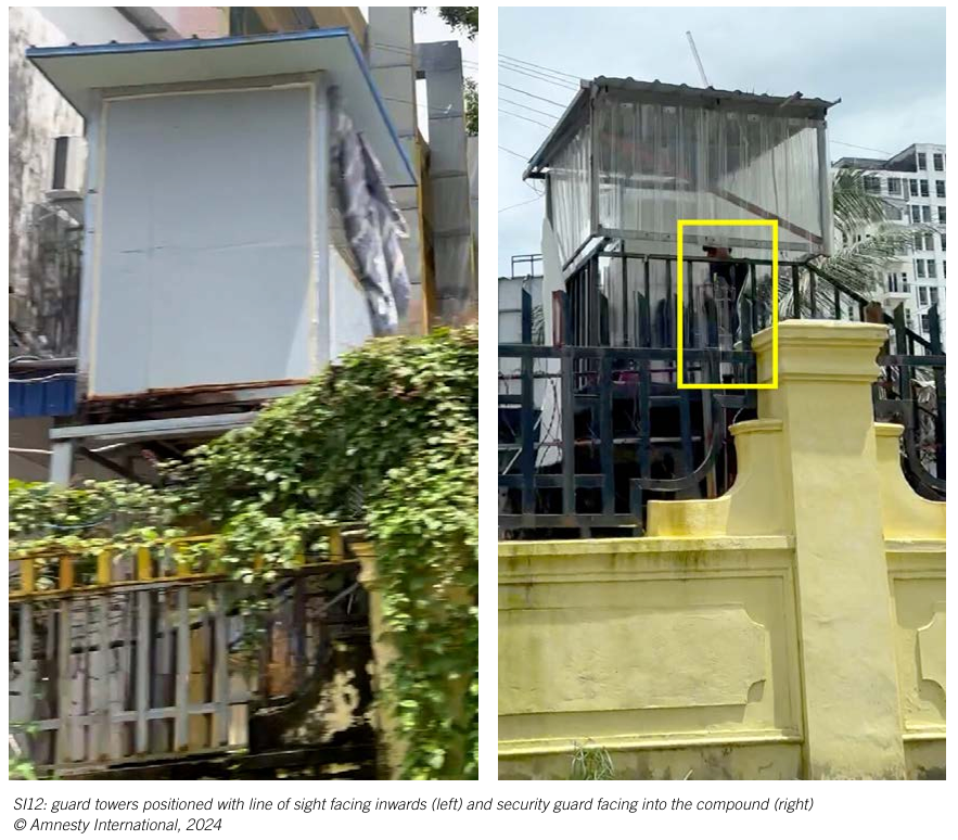 사진출처=국제앰네스티(2025) 〈I was someone else's property(나는 누군가의 소유물이었다)〉 보고서, p. 47. / 감시탑은 시야가 단지 내부를 향하도록 배치되어 있으며(왼쪽), 경비원 역시 단지 안쪽을 향해 서 있다(오른쪽)