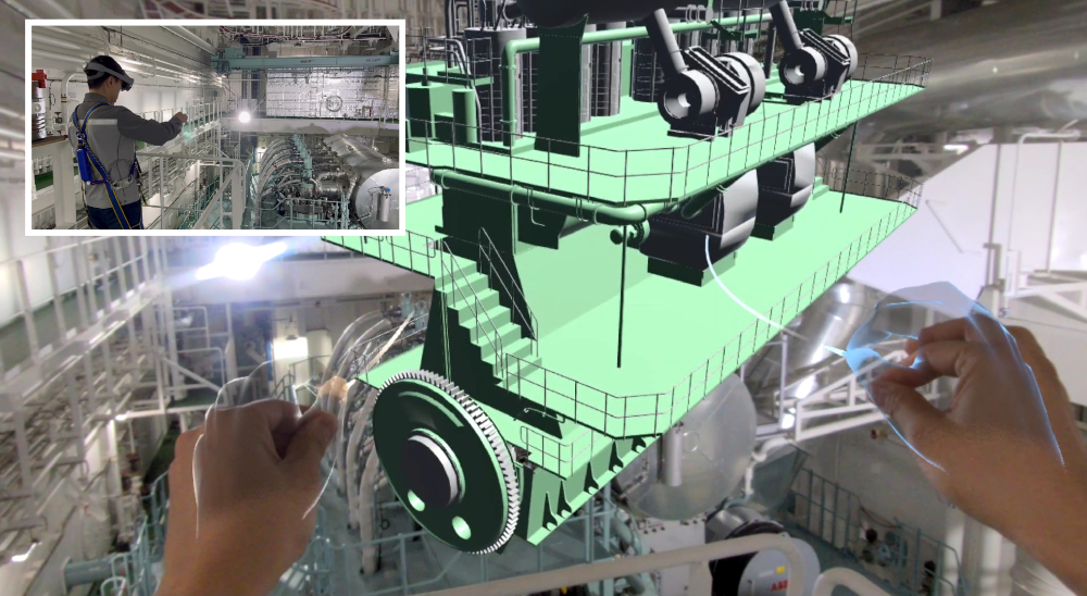 XR기술(갤럭시XR)을 활용해 선박 엔진을 검사하는 모습.(사진=삼성중공업)