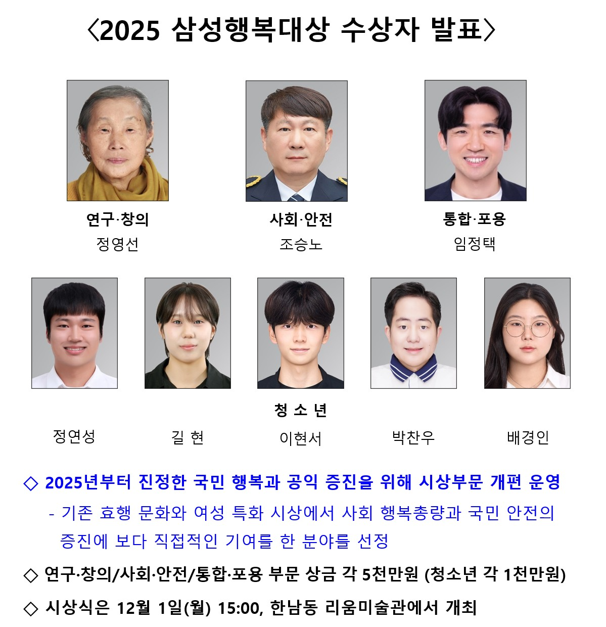 삼성생명공익재단 '2025 삼성행복대상‘ 수상자 발표