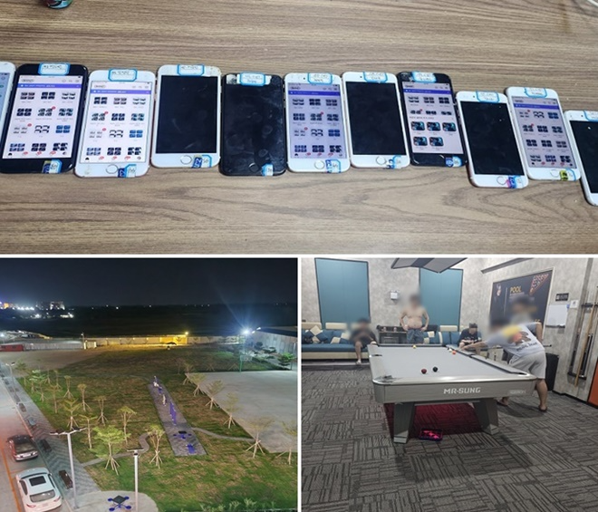 범죄이용 대포폰들, 캄보디아 범죄단지 내 당구장, 범죄단지 전경.(제공=대구경찰청)