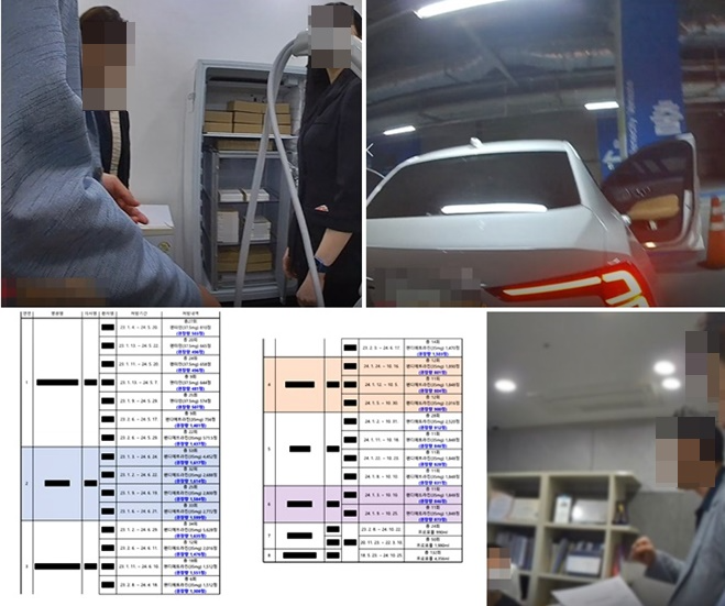 (사진위부터 시계방향)병원내부 수색/차량수색/병원장대상 압수영장집행고지/단속병원에 대한 식용억제제 등 처방내역.(사진제공=부산경찰청)