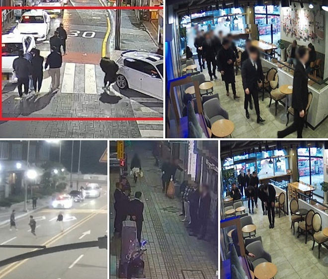 (사진위부터 시계방향) 2024년 11월 B파 조직원들이 범행 전 현장집결/2025년 4월 한 상점에 소집된 B파 조직원들 / 굴신인사 / 상가 인근 조직원들 도열/2025년 8월 해운대 한 도로에서 A,B 조직원들 다툼 장면.(제공=부산경찰청)