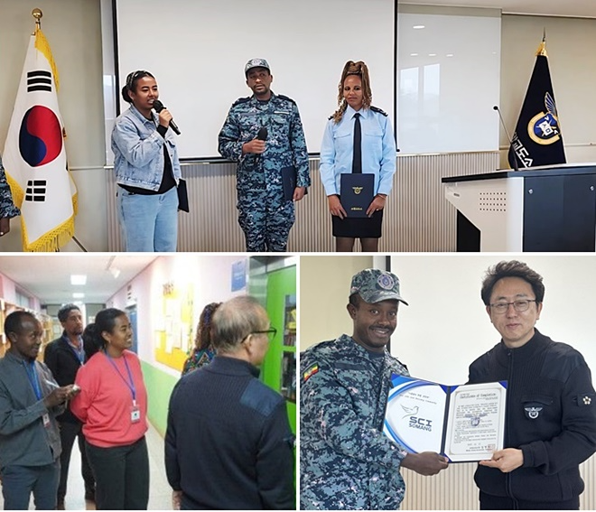 (사진위부터 시계방향) 좌측부터 에티오피아 통역사 에덴(Eden), 변호사 바사리푸(Basalifew Temtime Bedishu),부소장 매브렛(Mebrat Mekonnen Aga)가 수료증을 수여받고 소망교도소 직원들에게 감사인사를 전하고 있다./김영식 소장이 칼리티 교소도 상담사 신타이(Sintayehu Getachew)에게 수료증을 수여하고 기념촬영./사회복귀과 교육프로그램 참관 모습.(사진제공=소망교도소)