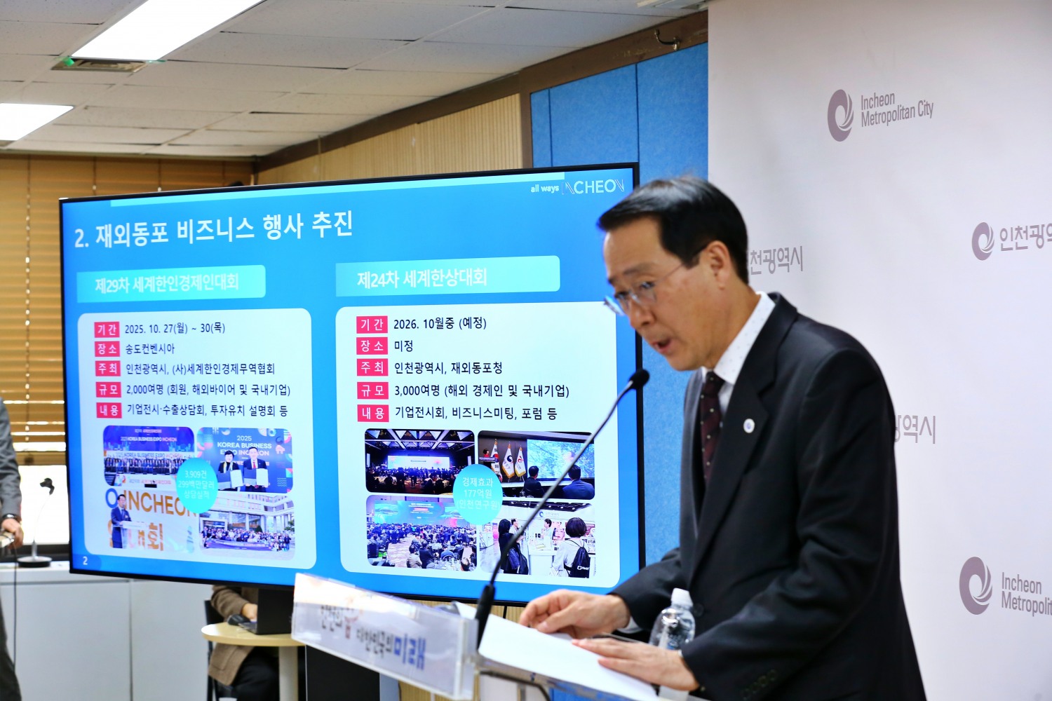 김영신 국제협력국장이 20일 시청 브리핑룸에서 국제협력국 소관 현안과 관련해 기자브리핑을 하고 있다.