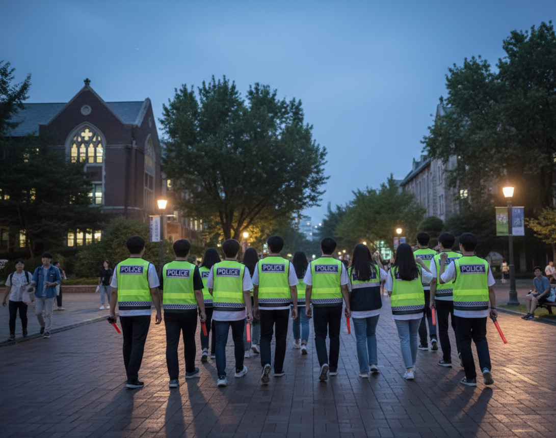 캠퍼스 '학생순찰대' / 사진 디자인=로이슈 AI 디자인팀 (본 이미지는 AI로 생성한 것입니다.)