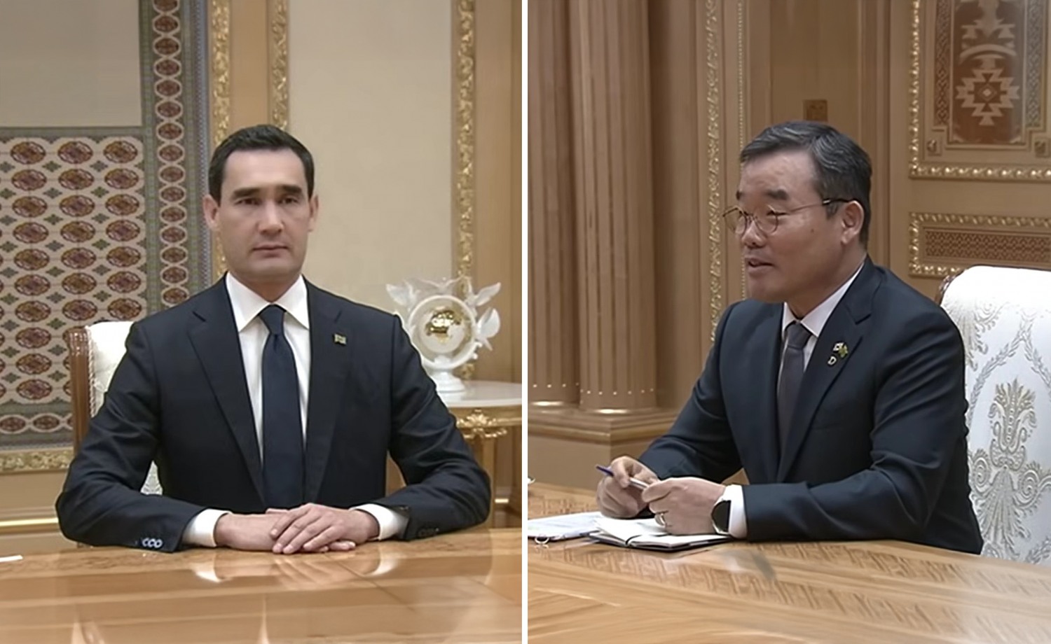 투르크메니스탄 대통령(왼쪽)을 예방중인 대우건설 김보현사장(오른쪽).(사진=대우건설)