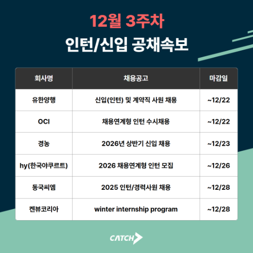 진학사 캐치 "동국씨엠·hy·경농 등, 26년 상반기 인턴·신입 채용 시작"