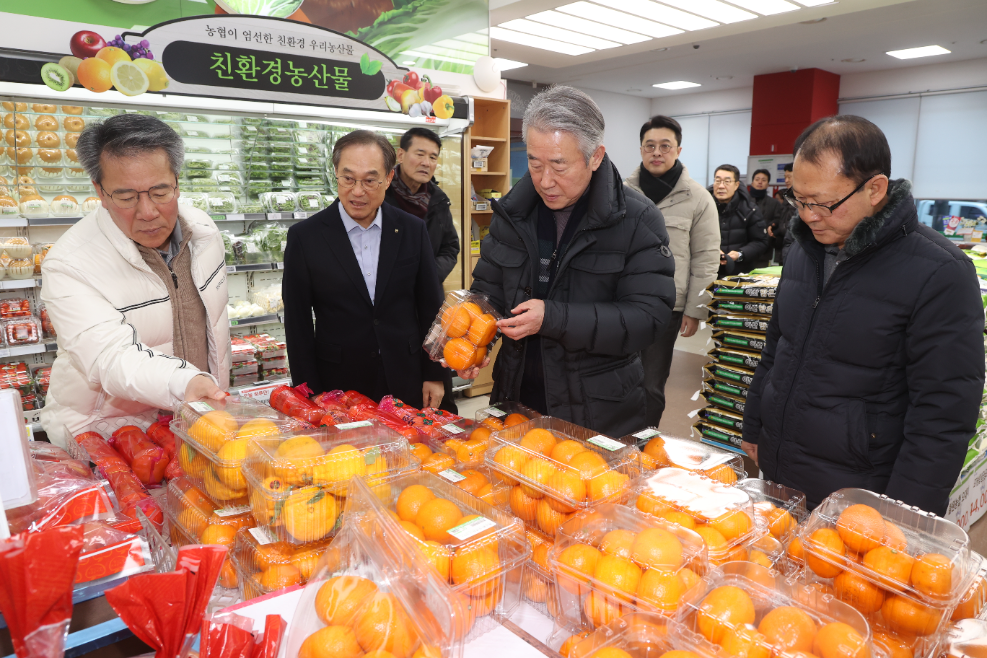 신년을 맞아 강호동 농협중앙회장(왼쪽에서 3번째)이 서서울농협 하나로마트 매장을 방문해 친환경 농산물을 점검하며 물가 동향을 살펴보고 있다. 사진=농협중앙회