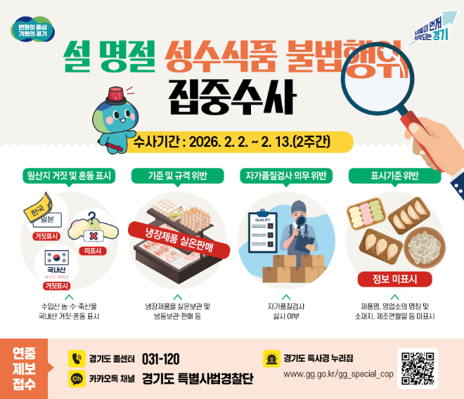 경기도 특사경, 설 명절 맞아 성수식품 불법 유통 집중 단속