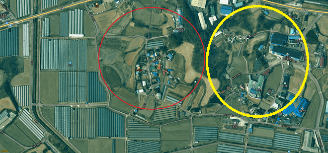 빨강색은 사건의 사업부지. 노란색 산 65-1(현재 다른 모 건설사로 부터 음성군청에 지구단위 제안서가 체출되어 있으며 도로 확보도 용이했다)