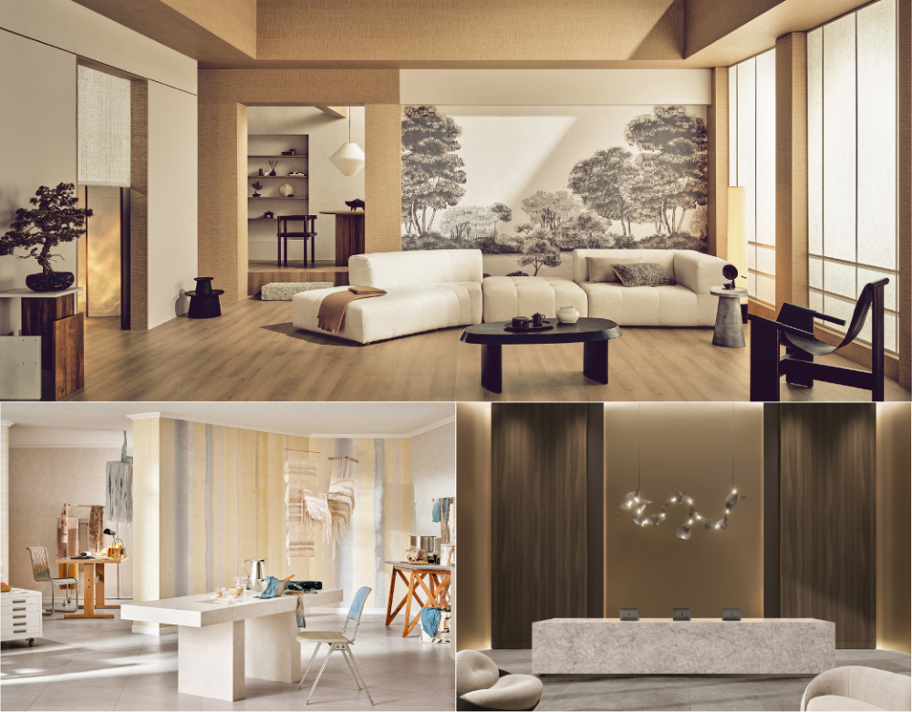 '숨(Breathe)' 컨셉을 구성하는 3가지 공간별 디자인 테마 이미지. (상단부터) ‘멈춤(PAUSE)’, ‘흐름(FLOW)’, ‘울림(ECHO)’.(사진=LX하우시스)