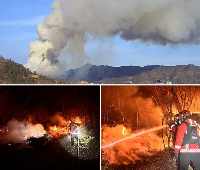 밀양 산불 신속히 진화하는 산림청 산불재난특수진화대원들.(제공=산림청)