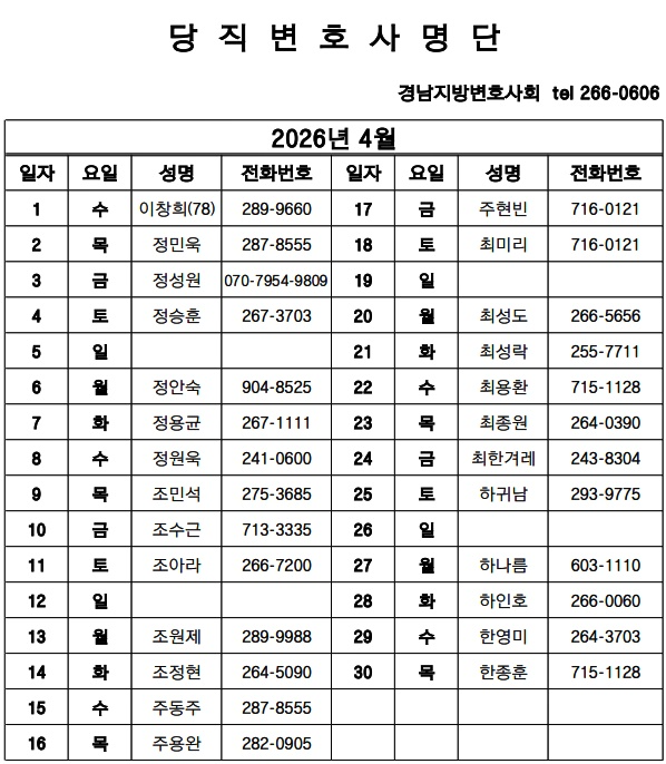 4월 당직변호사 명단.(제공=경남지방변호사회)