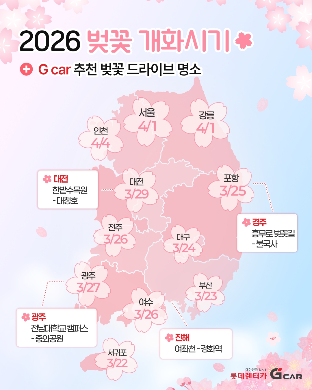 롯데렌터카 ‘G car’, 강릉·경주·광주 벚꽃 드라이브 코스 추천