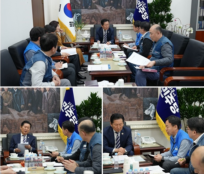 국회 본관 더불어민주당 대표실에서 진행한 정책간담회에서 참석자들의 간담회 의제와 관련해 이야기를 나누고 있다./ 공주석 공노총 위원장이 공무원 노동절 휴무 보장 필요성을 정청래 대표에게 전달하고 있다./ 간담회에서 발언을 이어가고 있는 정청래 더불이민주당 대표.(제공=공노총)