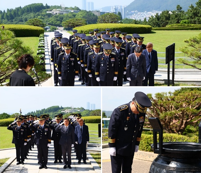 김성희 부산경찰청장을 비롯한 지휘부 등이 6월 5일 중앙공원 충혼탑에서 제71회 현충일 추념식을 갖고 있다.(사진제공=부산경찰청)
