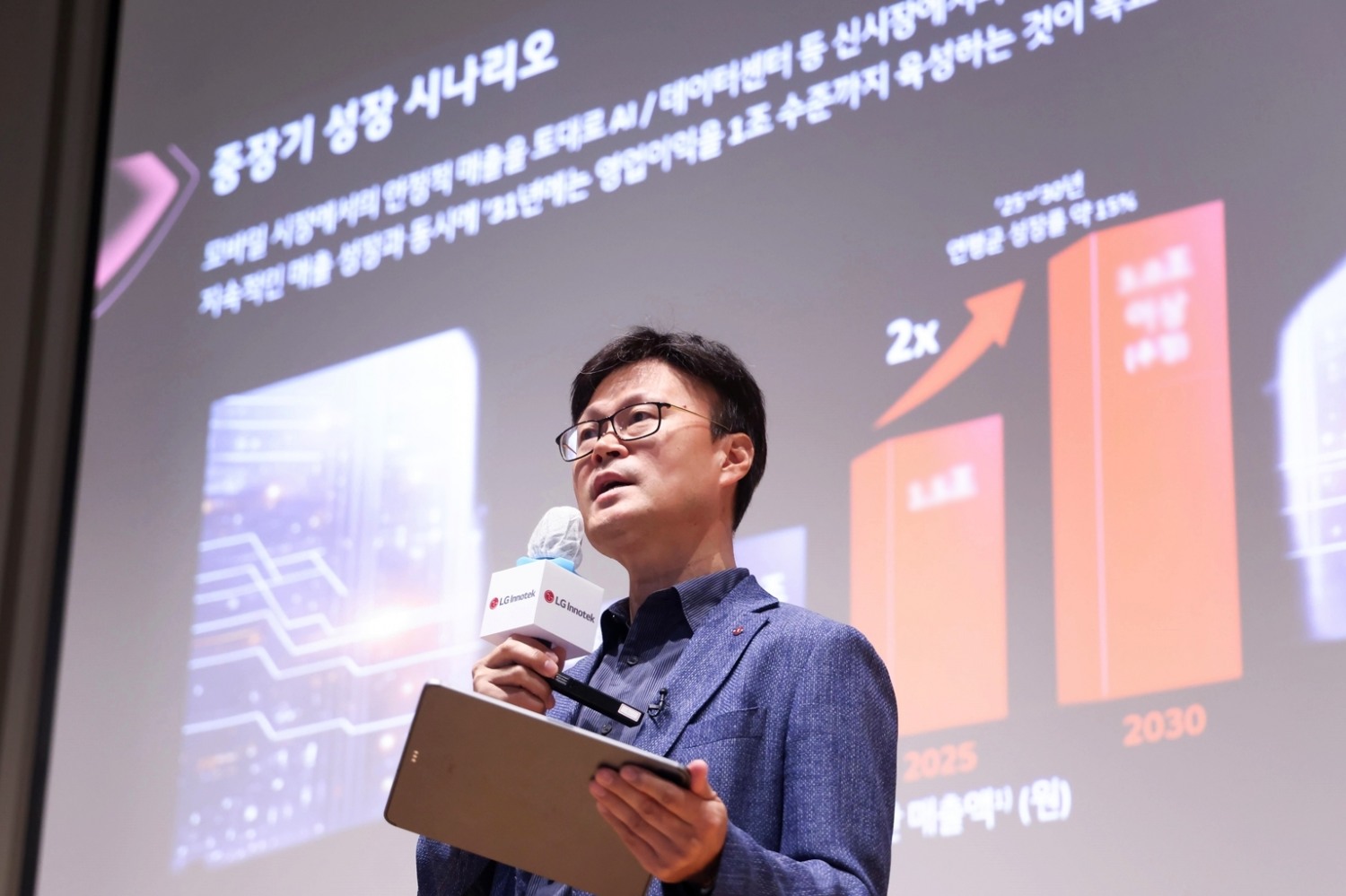 조지태 LG이노텍 패키지솔루션사업부장(전무)이 패키지솔루션 사업의 중장기 성장 시나리오를 설명하고 있다. 사진=LG이노텍