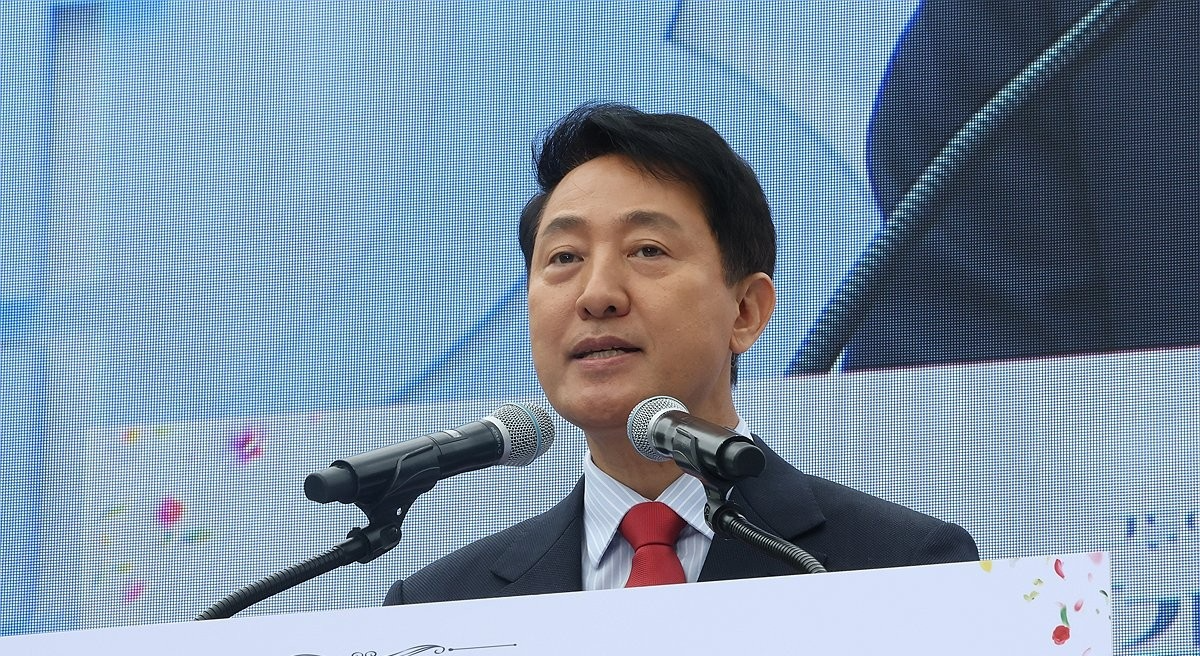 감사의 정원 준공식에서 축사하는 오세훈 서울시장(사진=연합뉴스)