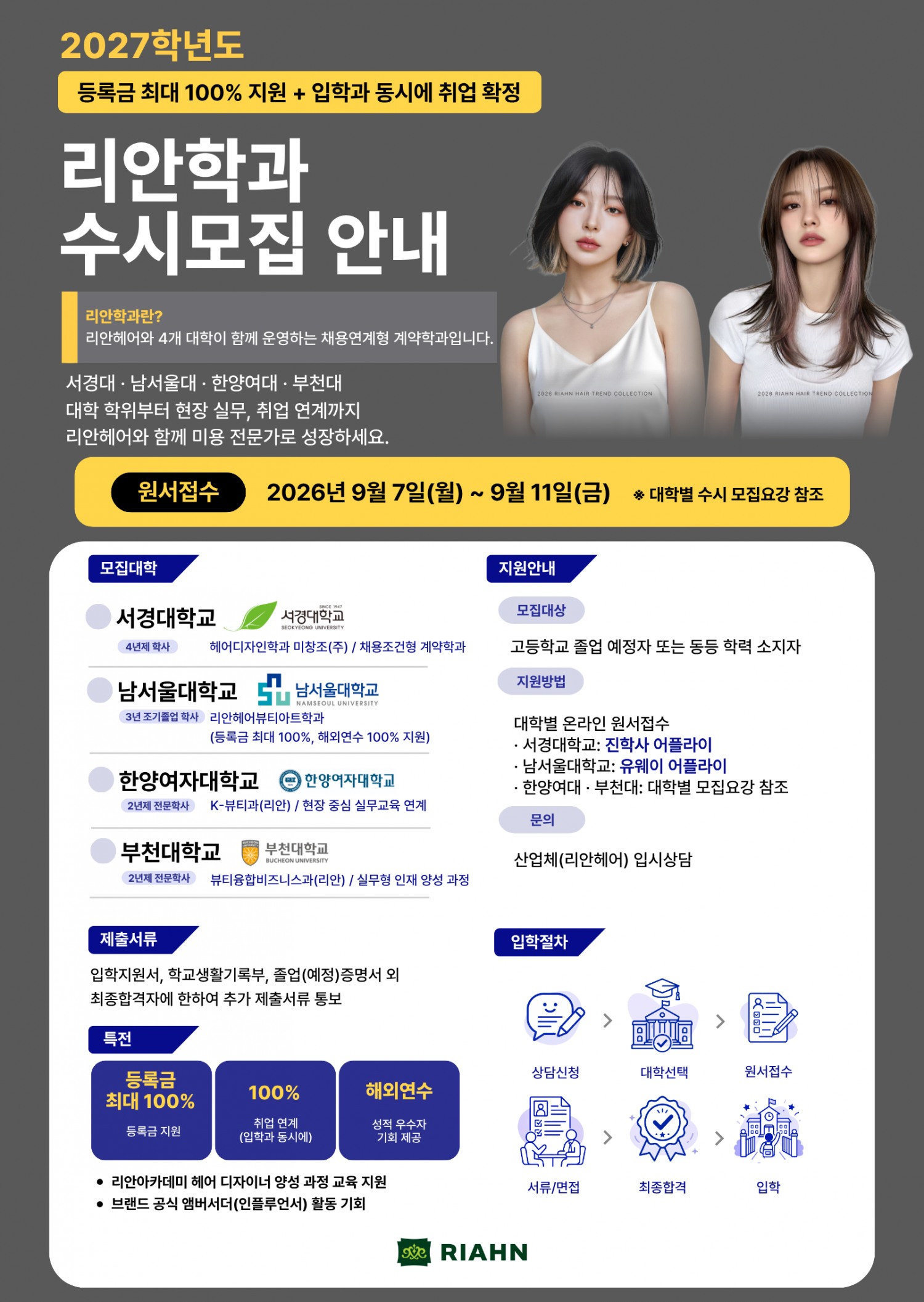 미용 프랜차이즈 브랜드 리안헤어 채용연계형 계약학과 ‘리안학과’가 2027학년도 수시모집을 실시한다.