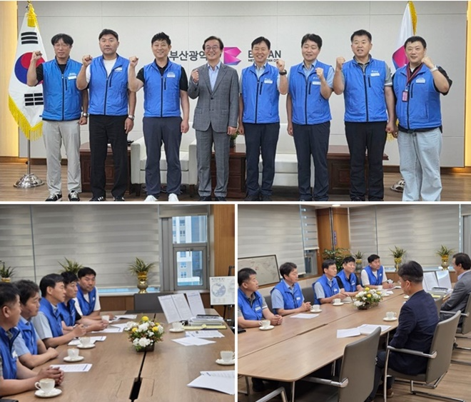 공노총 공주석 위원장을 비롯한 임원들과 전재수 부산시장이 간담회를 진행하는 모습(위사진 왼쪽 네번째 전재수 부산시장, 오른쪽 네번째 공주석 공노총 위원장).(사진제공=공노총)