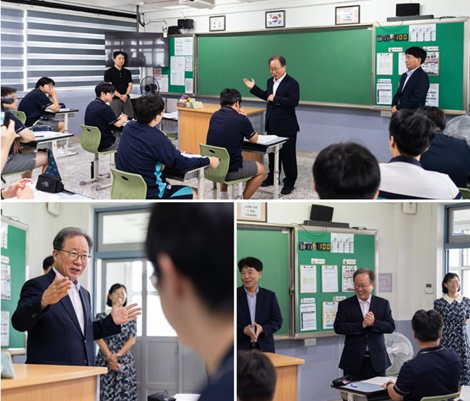 김석준 부산교육감이 8월 11일 대연고 3학년 1반 교실을 찾아 학업에 매잔하고 있는 학생들을 응원하고 있다.(사진제공=부산교육청)