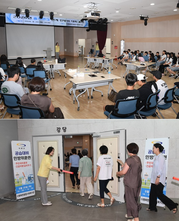 우성빈 기장군수가 민방위 대피훈련에서 인사말을 하고 주민대피를 유도하고 있다.(사진제공=부산 기장군)