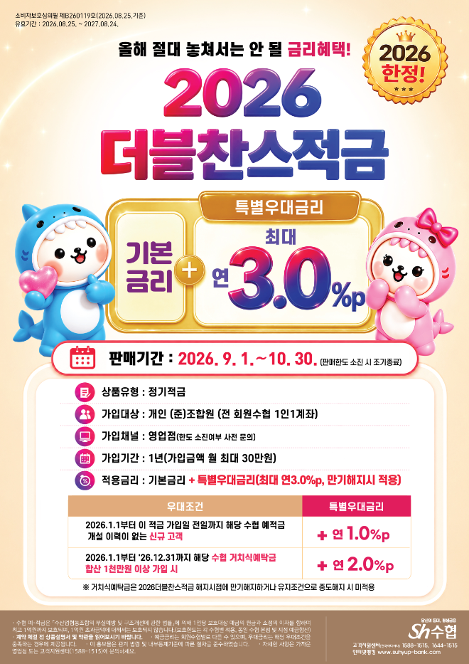 수협 거래 늘리고 우대금리 두 번 잡으세요...2026 더블찬스적금 출시 이미지. (사진=수협중앙회)